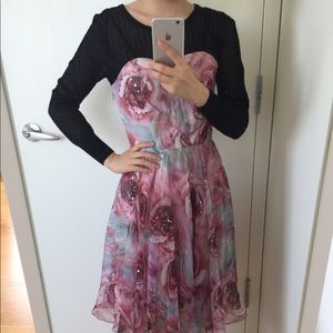 Long Sleeve Black and Pink Floral Midi Dress